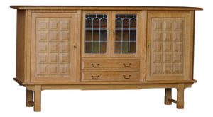 Danish Oak Sideboard with Leaded Glass Doors by Henning Kjærnulf, Denmark, 1960s