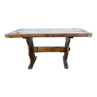 Vintage Farmhouse Rustic Style Liberty Ship Hatch Cover Trestle Base Dining Table For Sale