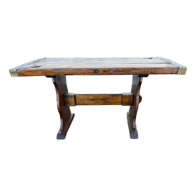 Vintage Farmhouse Rustic Style Liberty Ship Hatch Cover Trestle Base Dining Table For Sale