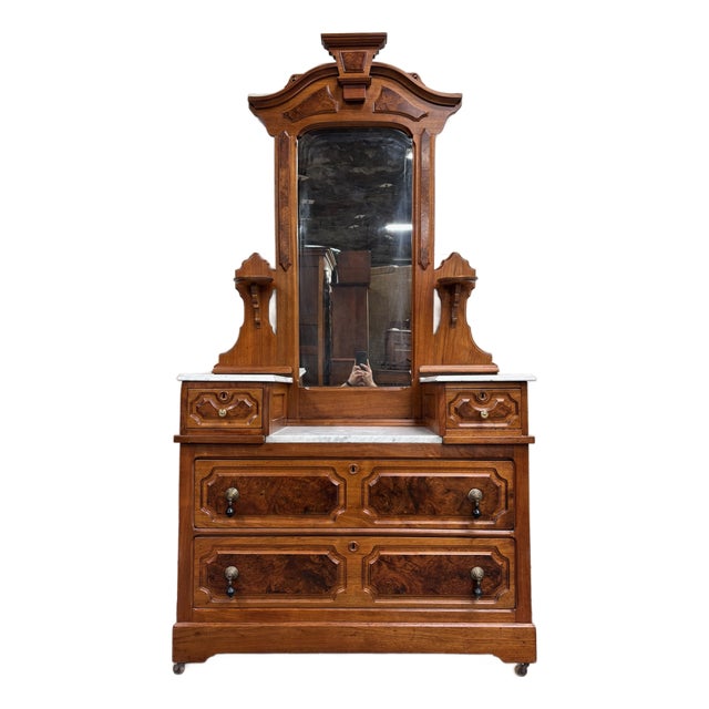 Antique American Renaissance Victorian Eastlake Marble Top Dresser Chest Vanity For Sale