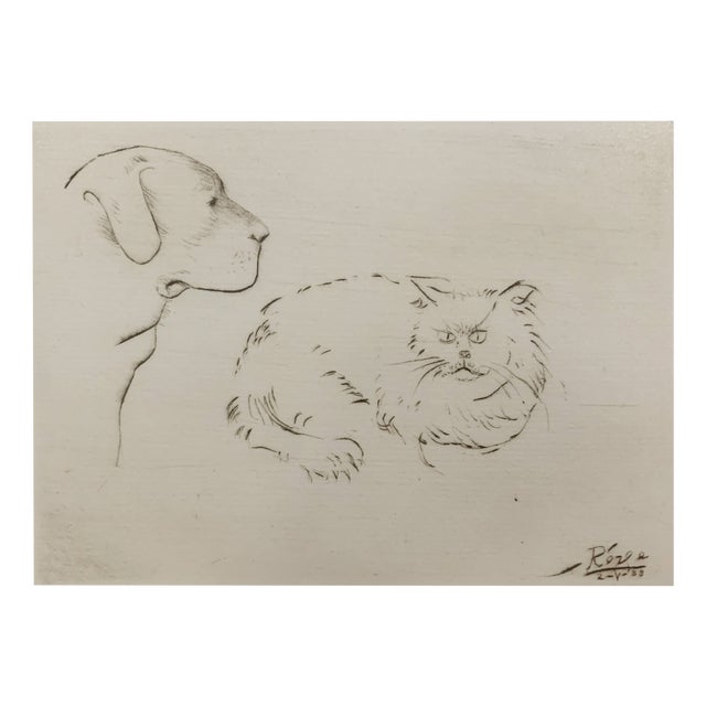 Leszek Rózga, Dog with a Cat, 1988, Drypoint on Paper For Sale