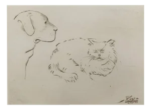 Leszek Rózga, Dog with a Cat, 1988, Drypoint on Paper