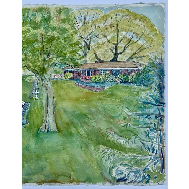 Mid-Century Modern Naturalistic Watercolor Home on Water Scene With Dock by Susan Bates For Sale - Image 3 of 4