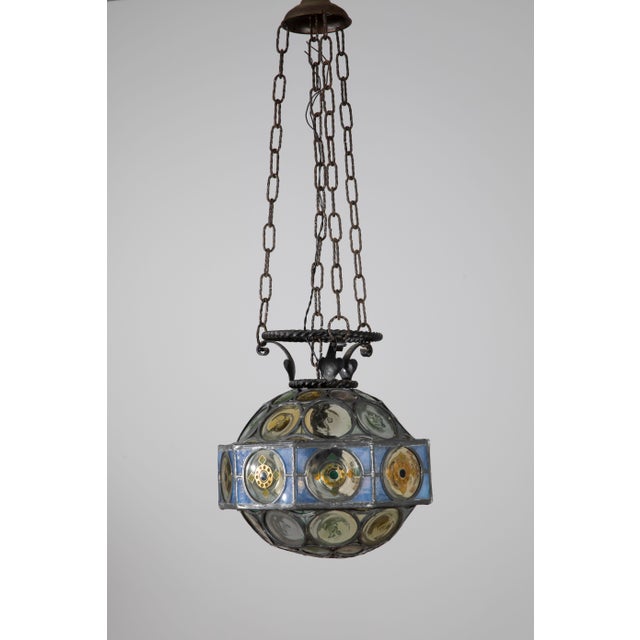 Florentine Liberty Wrought Iron and Lead Glass Lantern, 1900 For Sale - Image 6 of 11