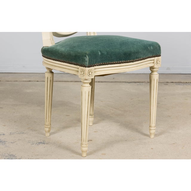 Antique French Louis XVI Style Painted Dining Chairs in Teal Mohair - Set of 8 For Sale - Image 12 of 18