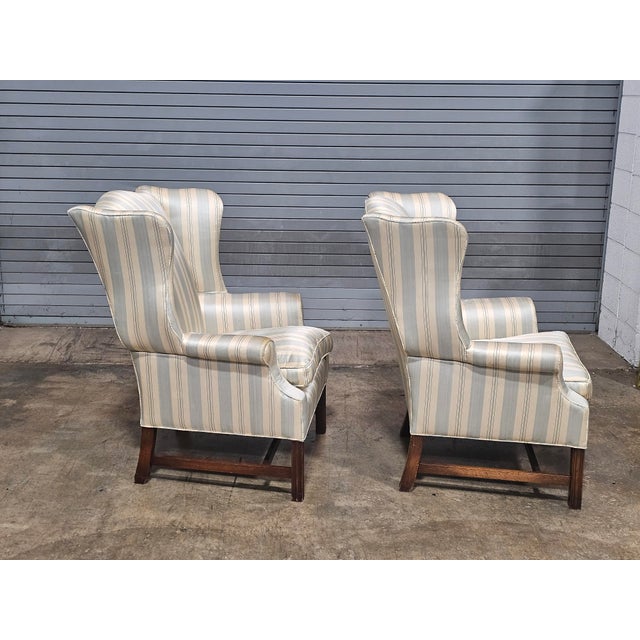 Mid 20th Century Pair Mahogany Chippendale Style Armchairs Wing Chairs Blue Silk Striped Fabric For Sale - Image 9 of 11