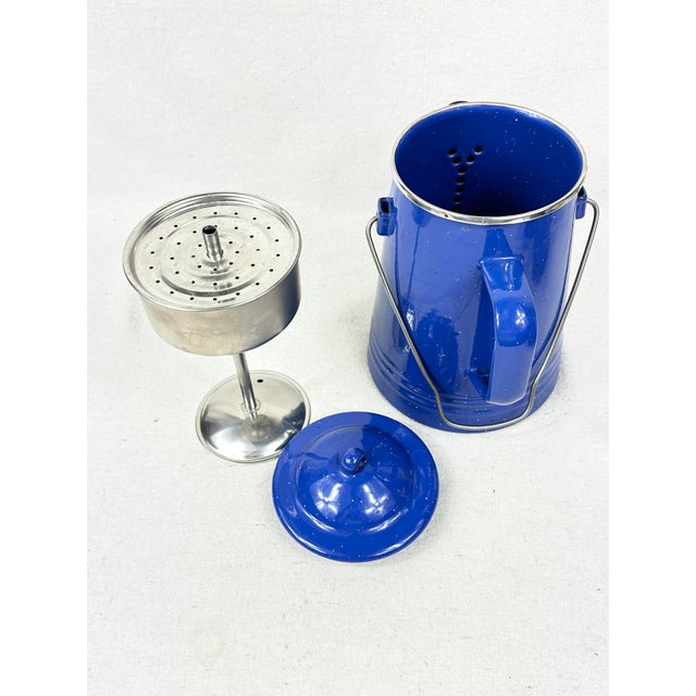 Metal Vintage Blue Speckled Enamelware Coffee Percolator Pot With Bail Handle For Sale - Image 7 of 10