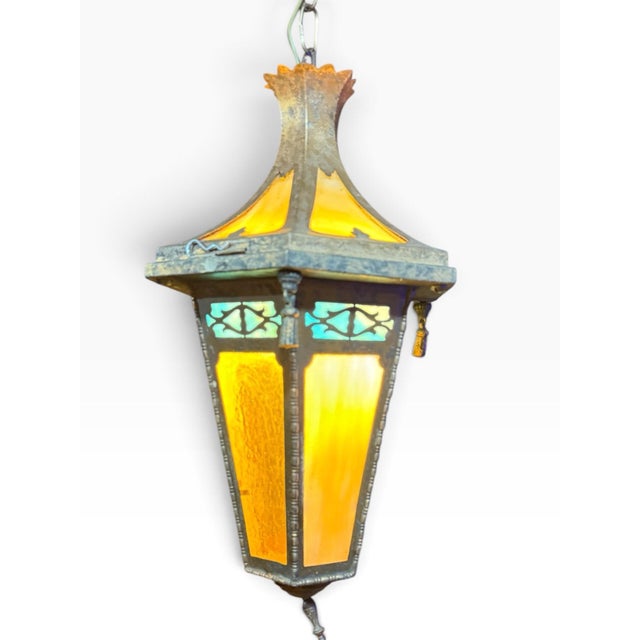Vintage Gothic 6 Panel Stained Glass Swag Lamp Hanging Lantern For Sale In Buffalo - Image 6 of 9