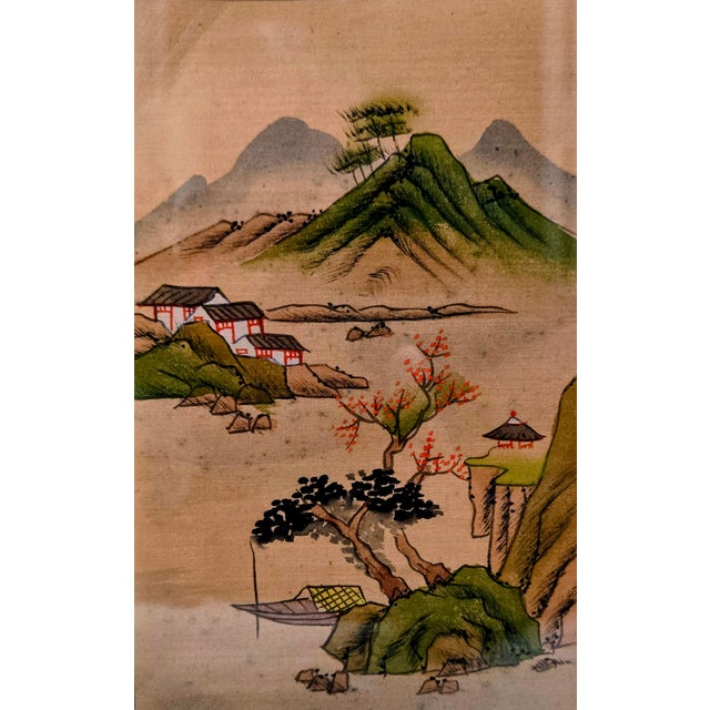 Figurative Mid 20th Century Chinese Silk Watercolor Mountain Landscape With Houses and Trees For Sale - Image 3 of 8