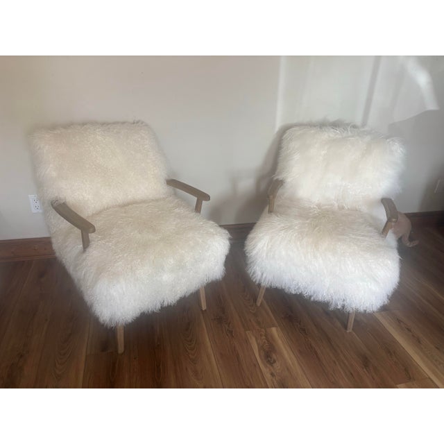 Mid-Century Modern Four Hands Ashland Cream Mongolian Sheepskin Chairs For Sale - Image 3 of 5