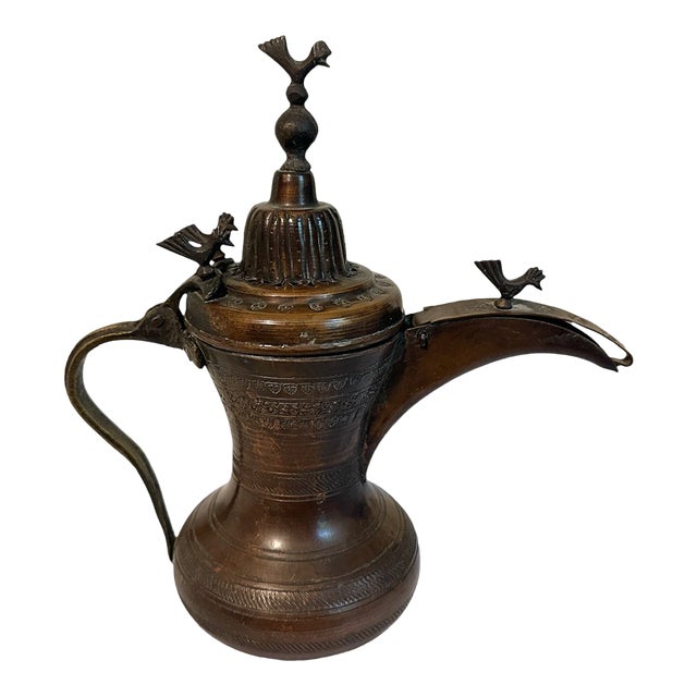 Antique Turkish Ottoman Patinated Copper Dallah Coffee Pot W/Bird Finials For Sale