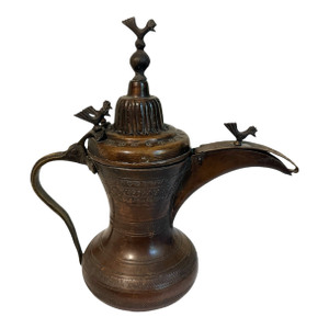Antique Turkish Ottoman Patinated Copper Dallah Coffee Pot W/Bird Finials
