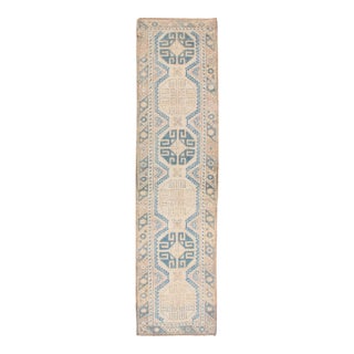 Vintage Turkish Oushak Runner in Soft Blue and Warm Beige Tones For Sale
