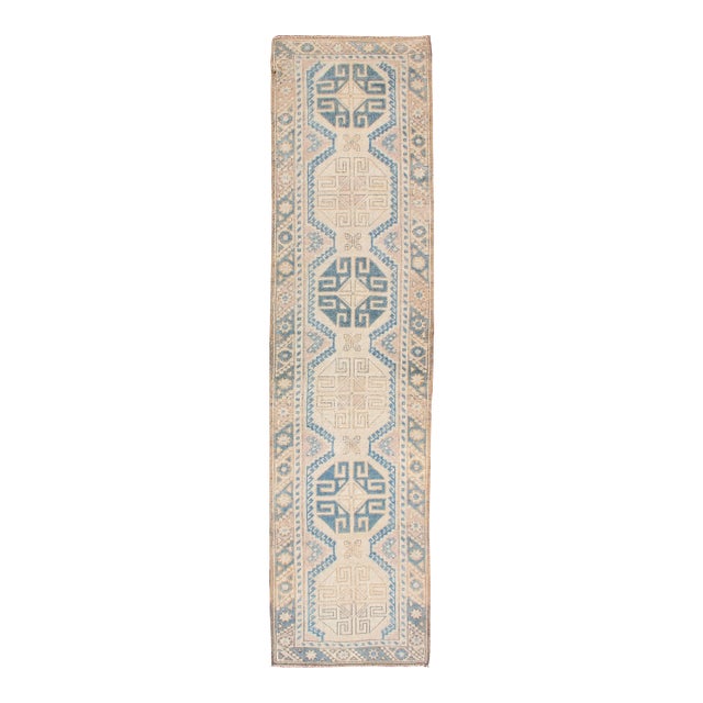 Vintage Turkish Oushak Runner in Soft Blue and Warm Beige Tones For Sale