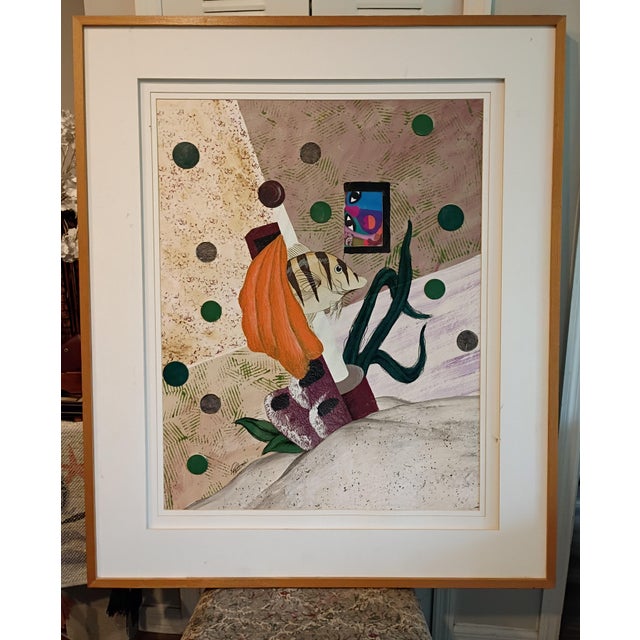 Signed by 'Peters' Large Mid-Century Style Modern Abstract Fish Mixed Media Collage - Framed For Sale - Image 17 of 18