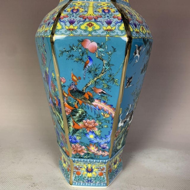 Mid 20th Century Striking Turquoise-Ground Famille Rose Hexagonal Porcelain Vase With Bird & Floral Motifs For Sale - Image 4 of 7
