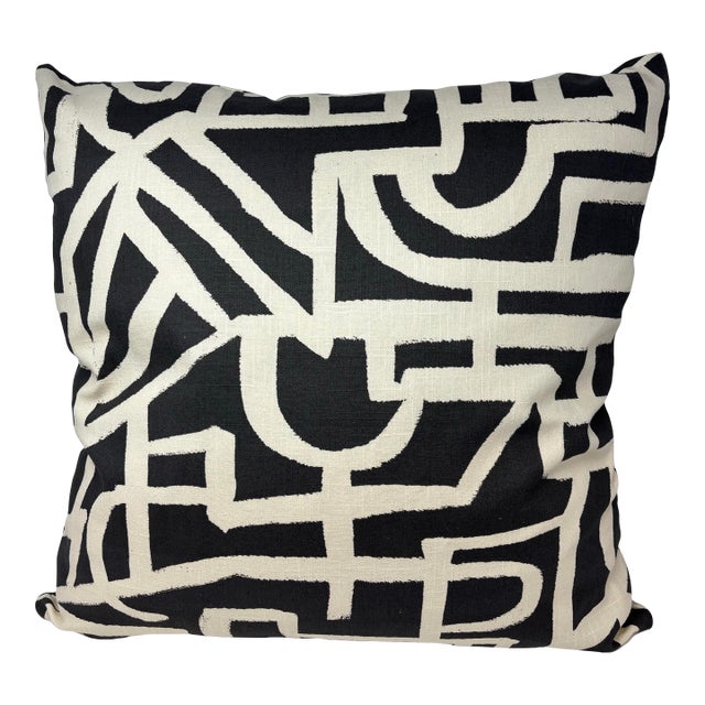 New Black and Ivory Abstract Pattern Fabric Decorative Accent Throw Pillow Large For Sale