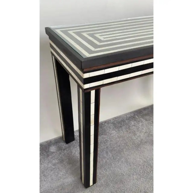 Plastic Art Deco Style Black & White Resin Inlay Console Table W Concentric & Glass Top For Sale - Image 7 of 11