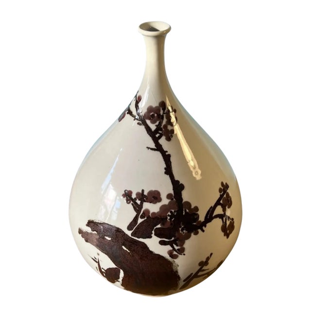 Mid-Century Asian White Pottery Bottle Vase With Brown Plum Blossoms For Sale - Image 10 of 17