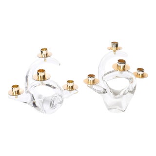 Pair of Mid-Century Amorphic Crystal & Brass 4 Arm Candelabras Signed Schneider For Sale