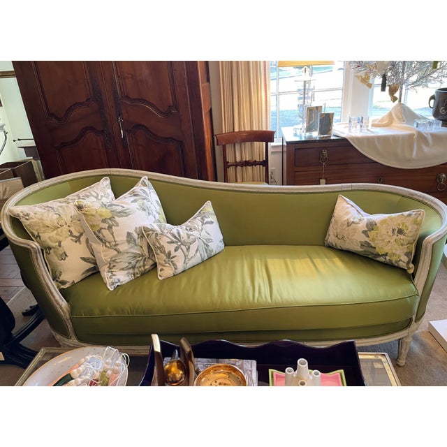 Stunningly fabulous 19th c. French Louis XVI Sofa / Canapé with distressed painted wood frame, upholstered in green...