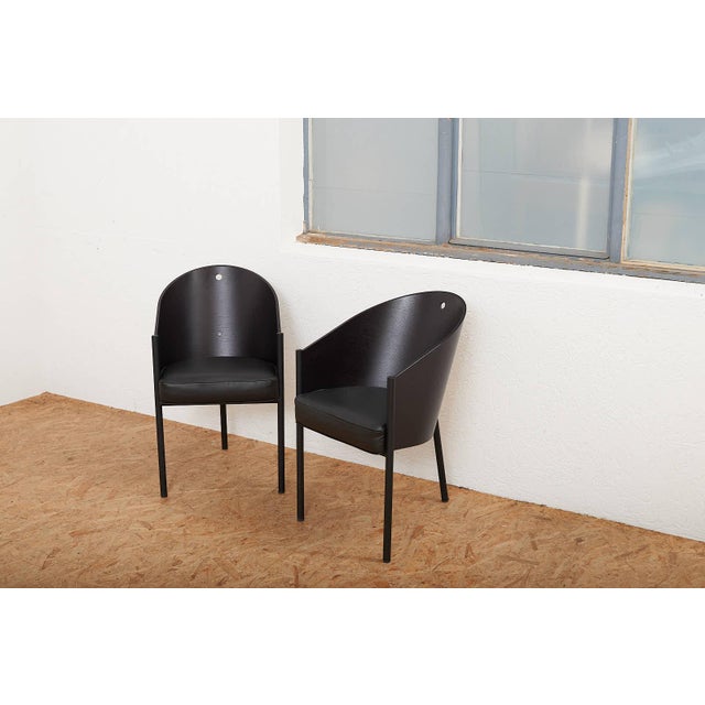 Costes Chair Set in Black Lacquered Tubular Steel Frame, Molded Plywood Seat and Leather by Philippe Starck, 1984, Set of 6 For Sale - Image 15 of 17