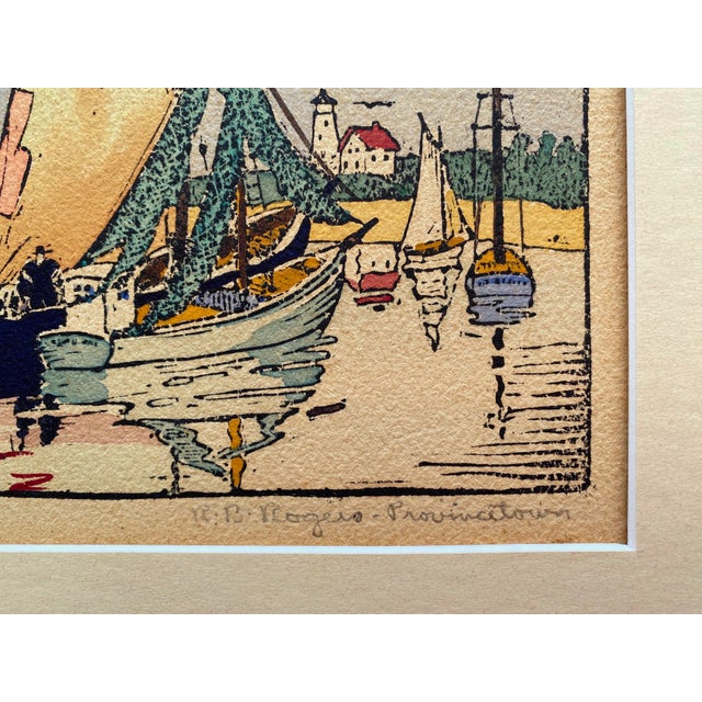 Robert Bruce Rogers Vintage 1932 " Drying Rigging, Provincetown " Waterfront Seascape Framed Original Signed Fine Art Woodblock Print For Sale - Image 13 of 14