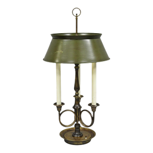 Vintage Frederick Cooper Brass Bouillotte Trumpet Arm Table Lamp With Green Tole Shade