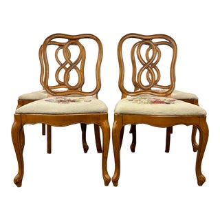 Vintage French Country Style Needlepoint Floral Dining Side Chairs - Set of 4 For Sale