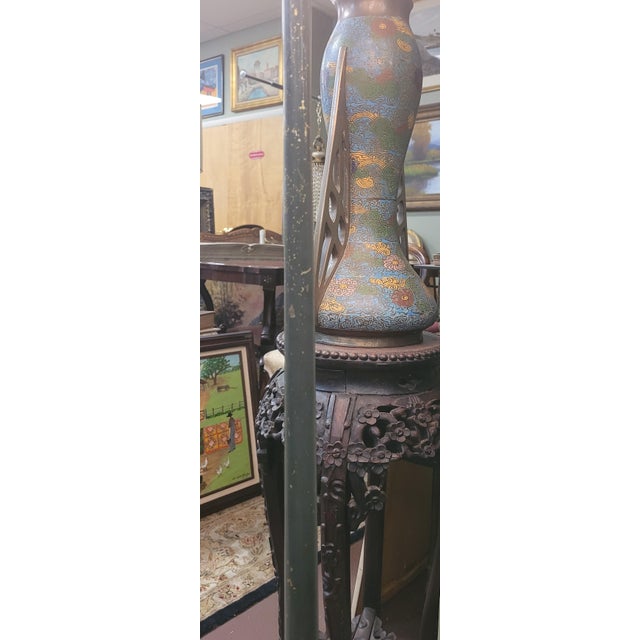 Dark Green 1920s Iron & Marble French Floor Lamp With Fringe Shade For Sale - Image 8 of 9