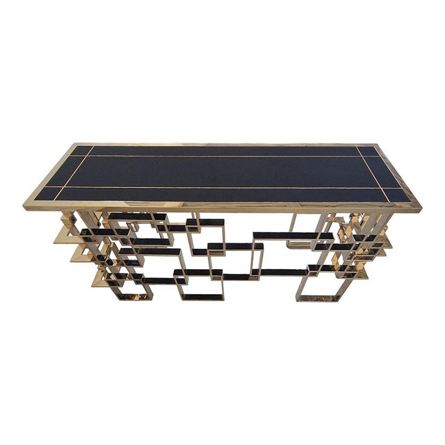Metal Double-Sided Console in Chrome and Gilt Steel with Black Murano Glass Top, 1990s For Sale - Image 7 of 8