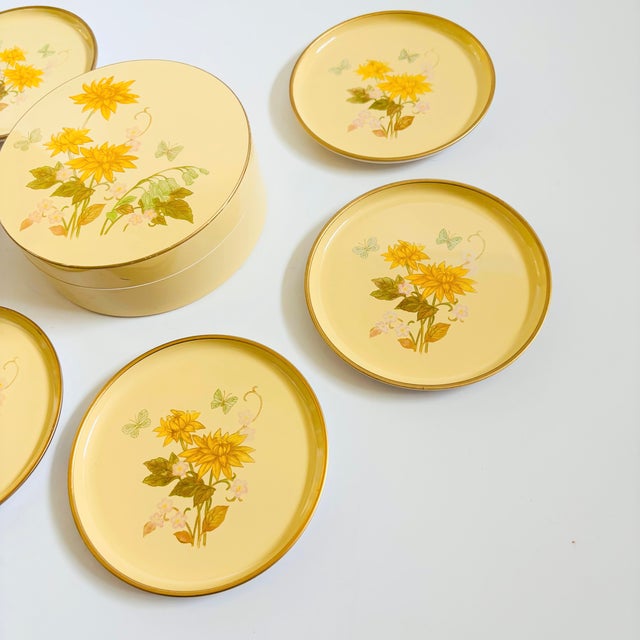 Yellow Yellow Lacquerware Floral Coaster Set For Sale - Image 8 of 13