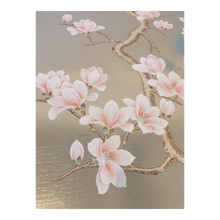 Hand‑Painted Champagne Gold Leaf Chinoiserie Mural, Pink Magnolia Blossom Wall Panel For Sale