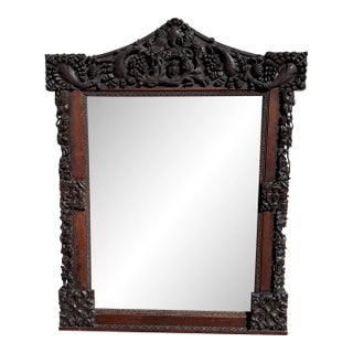Large Antique Hand-Carved Oak Black Forest Style Figural Wall Mirror For Sale