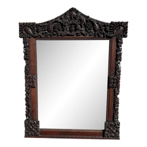 Large Antique Hand-Carved Oak Black Forest Style Figural Wall Mirror