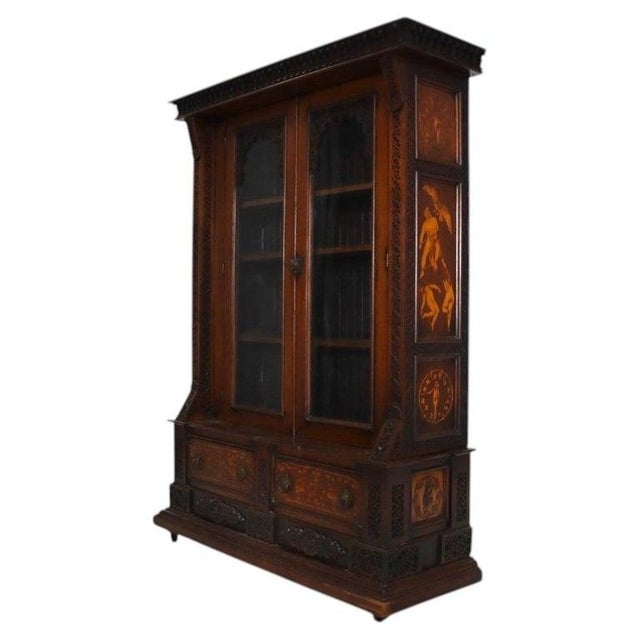 Prometheus Classical Carved Walnut & Figural Inlaid Bookcase C1890 For Sale - Image 6 of 18