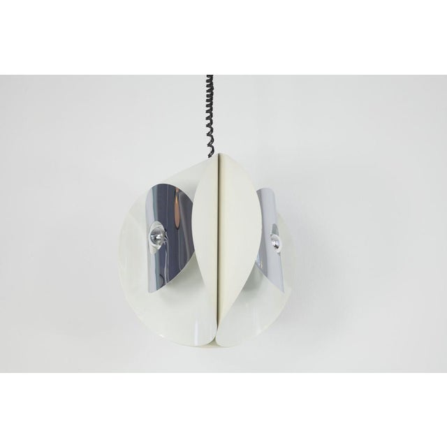 Mid-Century Modern Italian Space Age Hanging Lamp with White Painted, Metal & Chrome Shields, 1970s For Sale - Image 3 of 18
