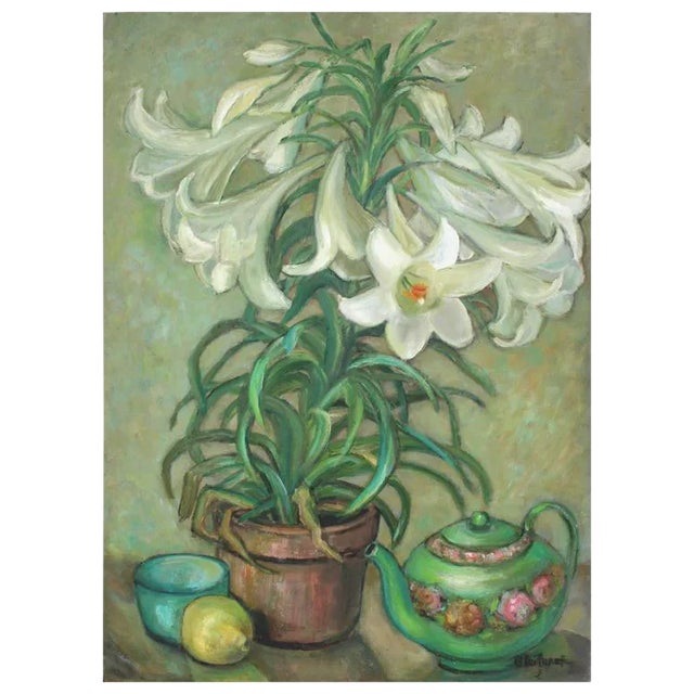 Vase of Lilies & Teapot Still Life Painting For Sale