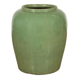 Vintage Oversized Chinese Celadon Glazed Water Vessel with Tapering Lines