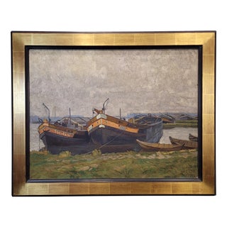 Gerard Beutner, Boats Moored on the Shore, 1920s, Oil on Canvas, Framed For Sale