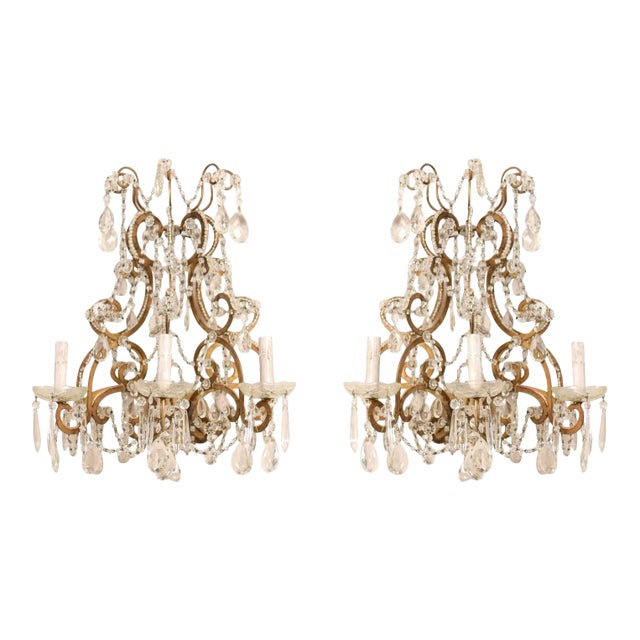 Mid-20th Century Italian Crystal and Gilded Metal Sconces - a Pair For Sale