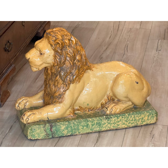 Ceramic Pair of 19th Century French Faience Glazed Ceramic Recumbent Lions For Sale - Image 7 of 9