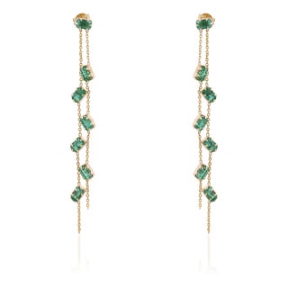 3.25ct Emerald Double Chain Long Dangle Earrings in 14k Solid Gold- A Pair For Sale