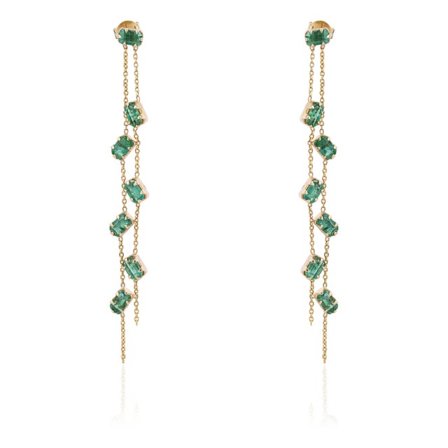 3.25ct Emerald Double Chain Long Dangle Earrings in 14k Solid Gold- A Pair For Sale