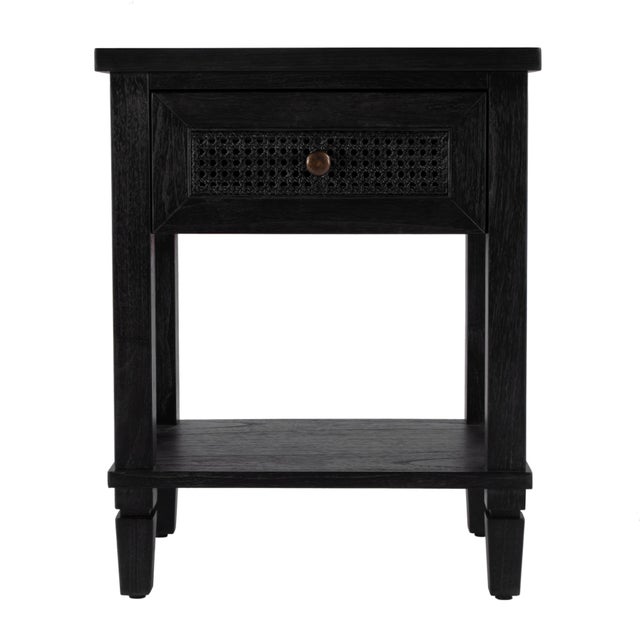 Flagstaff 20 in. W Rectangular Cane and Wood 1 Drawer Nightstand with Lower Open Shelf, Washed Black For Sale In Chicago - Image 6 of 11