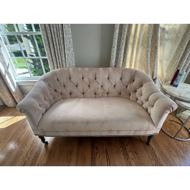 Custom-Made Romantic Plush Velvet Pale Pink Loveseat For Sale - Image 4 of 8