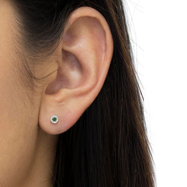 Early 21st Century .925 Sterling Silver 1/4 Cttw Round Brilliant-Cut Green Diamond Miracle-Set Stud Earrings (Fancy Color-Enhanced, I1-I2 Clarity) For Sale - Image 5 of 6