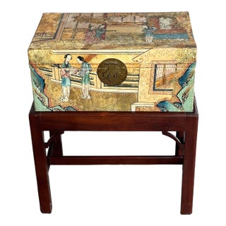 Chinese Export Hand Painted Pigskin Brides Box on Stand, Estrid Ericson, Svenskt Tenn For Sale