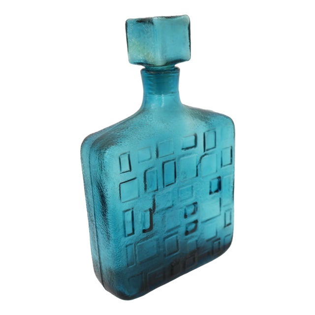 Large Italian Blue Relief Glass Carafe by Empoli, Italy, 1960s For Sale