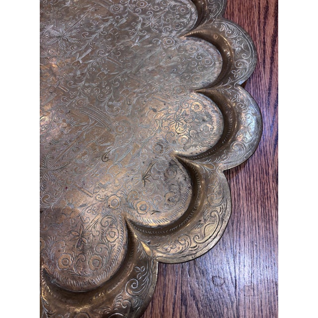 1940s Large Hand Engraved Indian Tray With Scalloped Edge 27.5" For Sale - Image 5 of 6